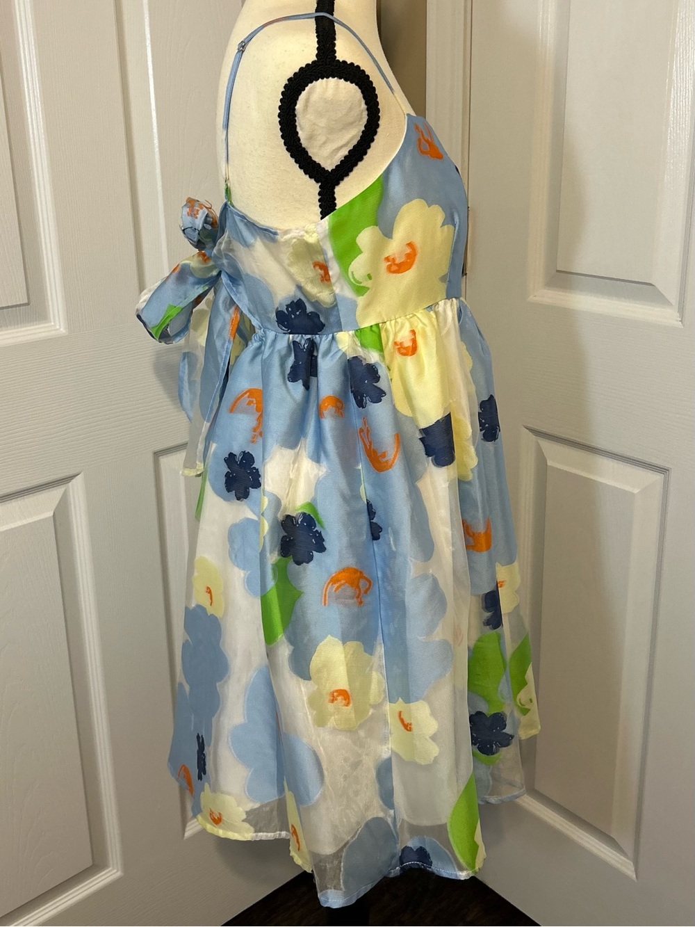 Entro Floral Organza Mini Dress Blue Yellow Tie Back Watercolor Boutique Sz L - Picture 12 of 12